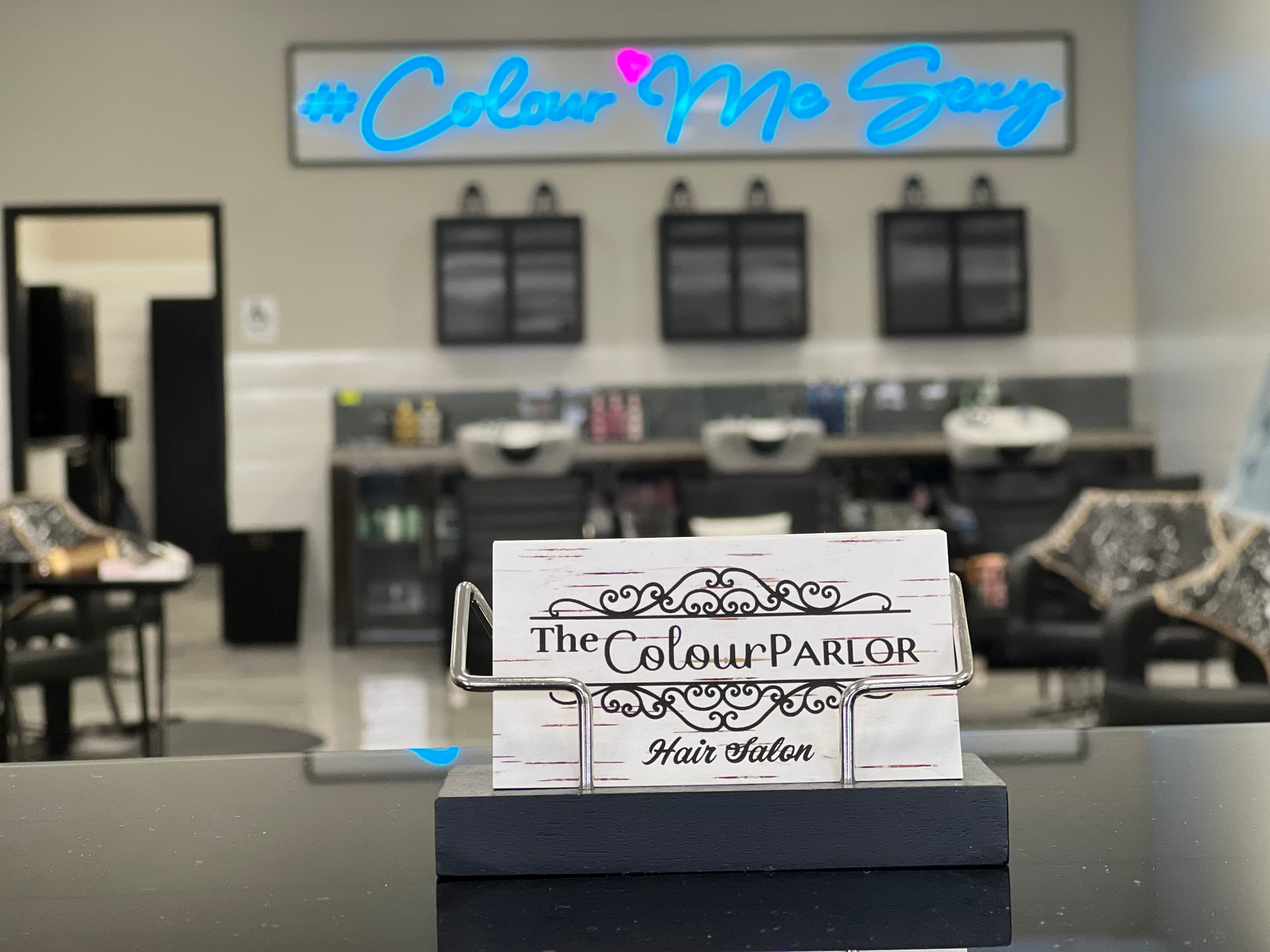 The Colour Parlor business card with #ColourMeSexy neon